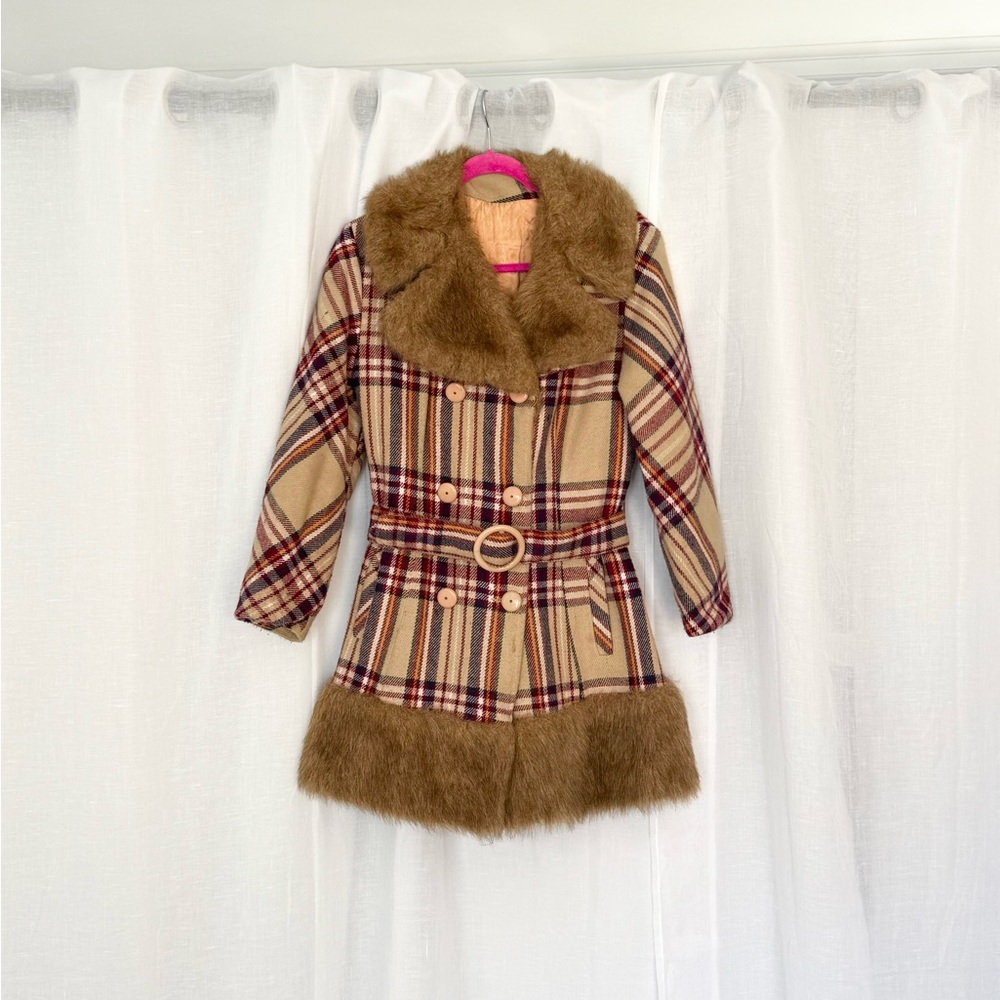 ✦ Vintage Plaid Faux Fur Trim Belted Coat ✦
